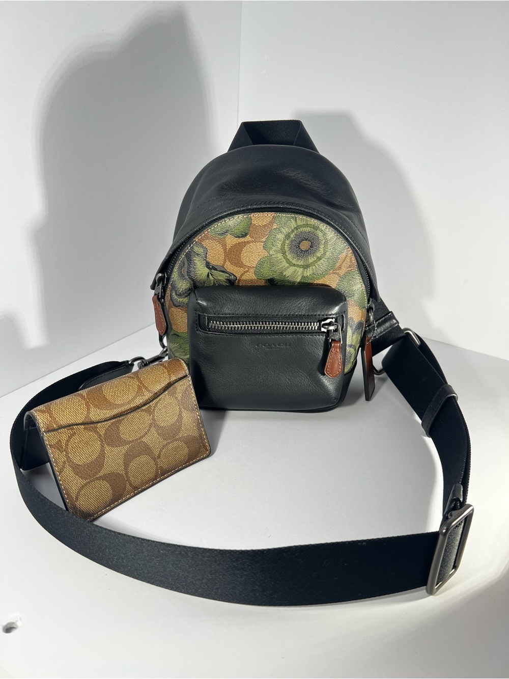 Coach Black Leather & Signature Canvas Floral Accent Mini Crossbody With Wallet